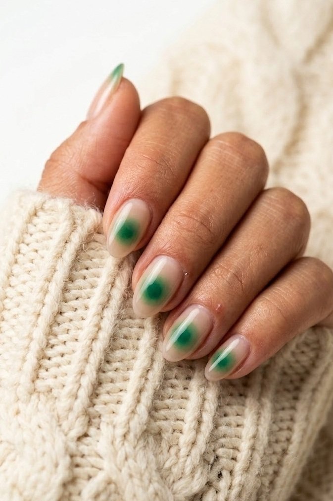 Short almond nails with a soft emerald aura glow pooled only at the tips over a bare base.