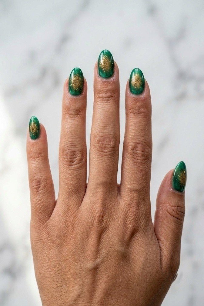 Emerald green aura short almond nails with a warm gold shimmer in the center of each nail, on a marble surface.