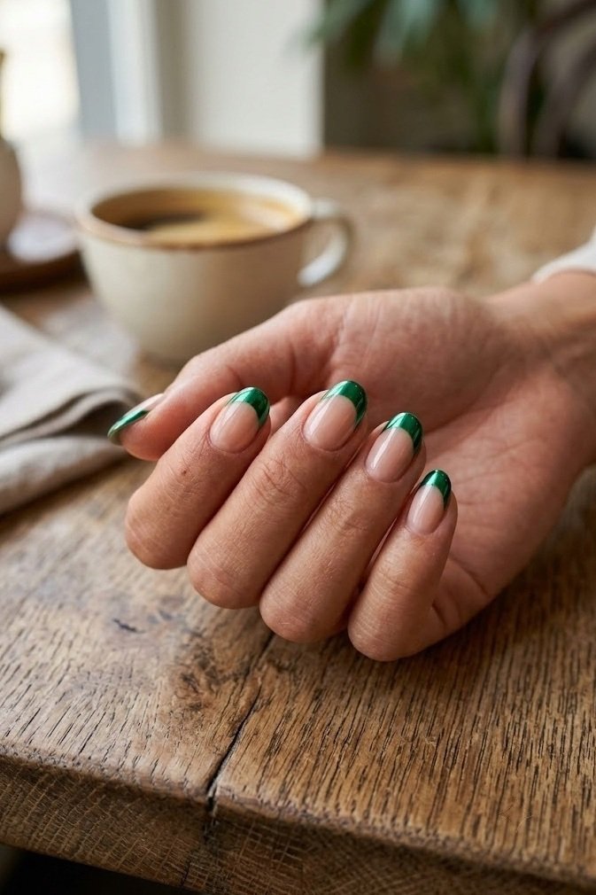 Nude short almond nails with emerald mirror chrome on the tips only.