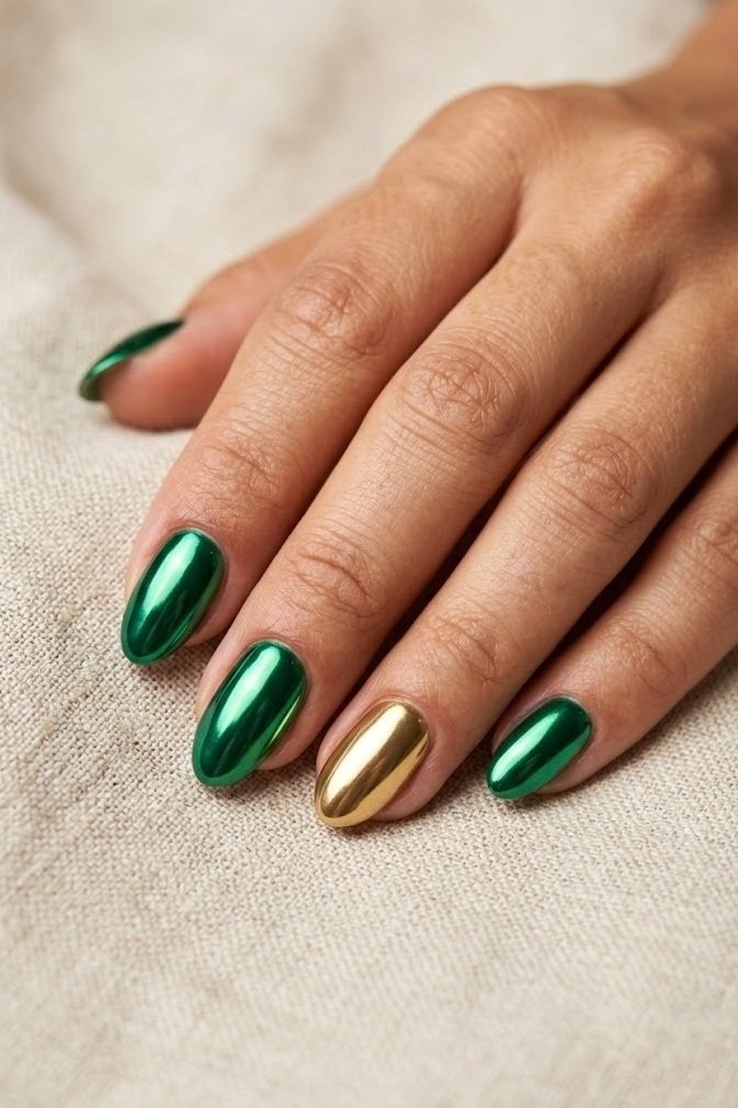 Emerald mirror chrome short almond nails with a gold chrome accent on the ring finger.
