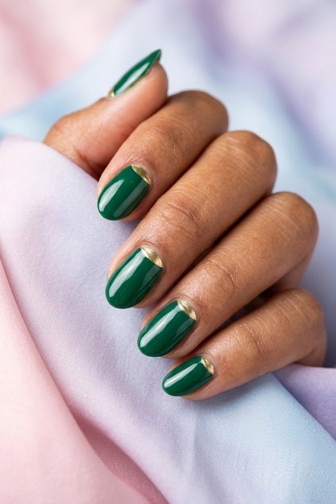 Glossy emerald short almond nails with a thin gold half-moon at the base of each nail.
