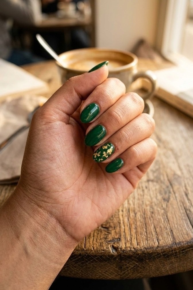 Glossy emerald short almond nails with scattered gold leaf flecks on one accent nail.
