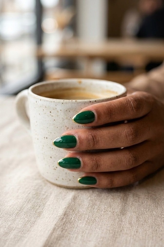Emerald short almond nails with a fine gold line tracing the tip of each nail.