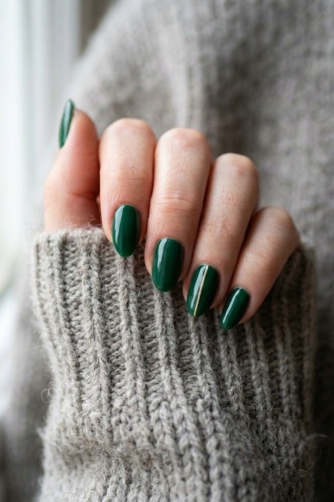 Glossy emerald short almond nails with one thin gold line painted down the ring finger.