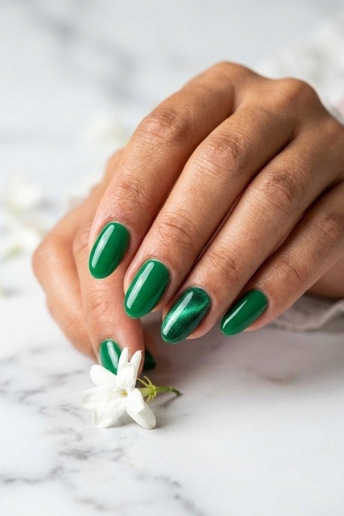 Glossy solid emerald short almond nails with a single velvet magnetic accent on the ring finger.