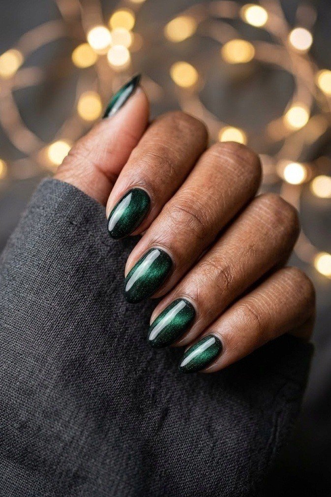 Emerald velvet magnetic short almond nails over a near-black charcoal base for a moody look.