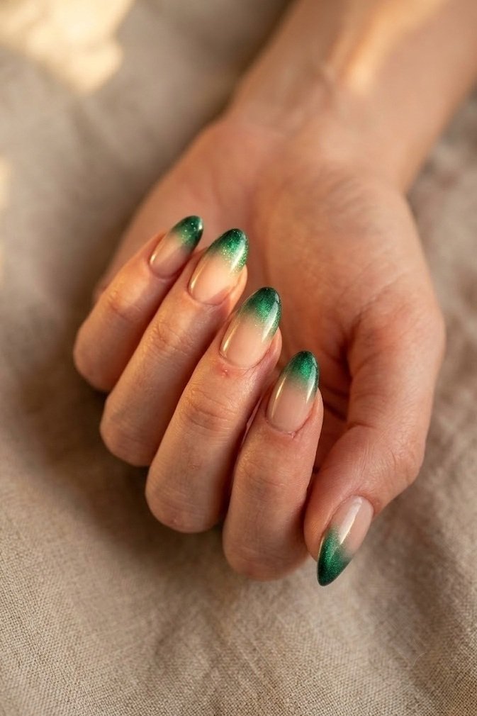 Short almond nails with emerald velvet shimmer concentrated at the tips over a bare base.