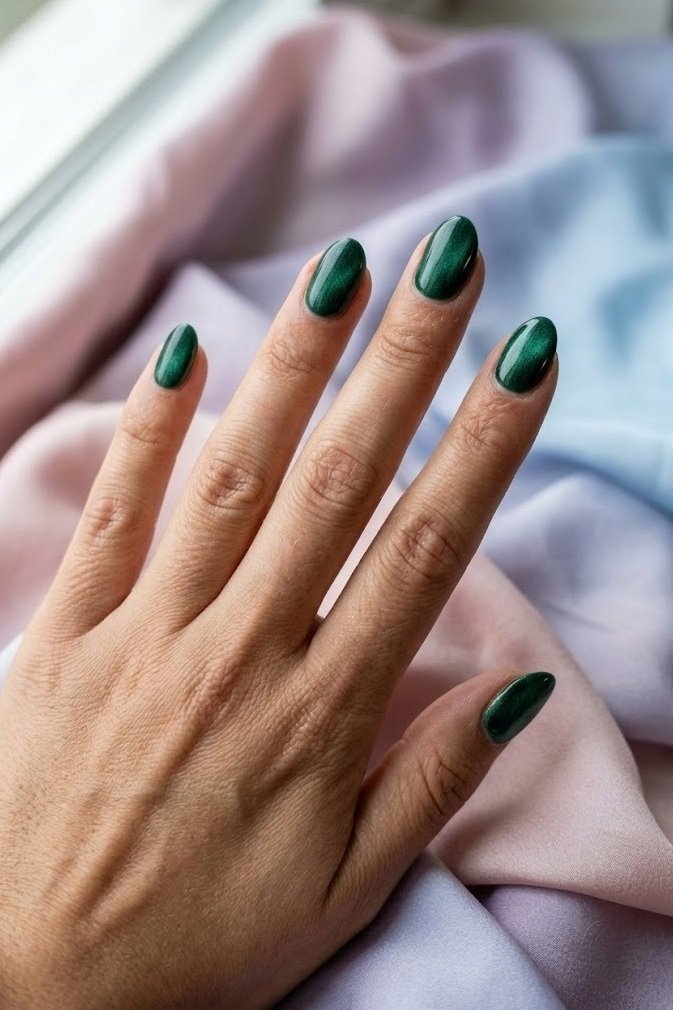 Deep emerald velvet magnetic short almond nails with soft shimmer diffused across the whole nail.