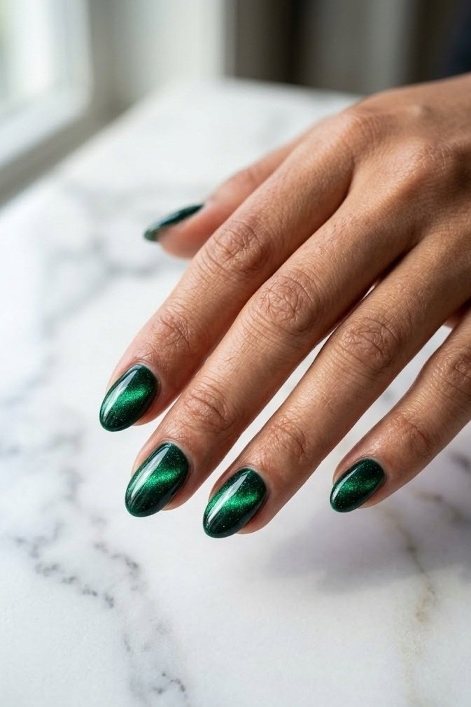 Emerald green velvet nails on short soft almond nails with a bright green glow