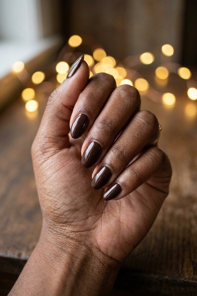 Short uniform glossy espresso brown nails with no art