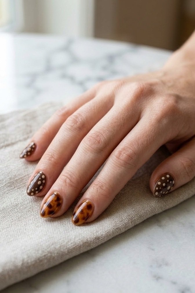 Espresso to caramel ombre nails with cream fawn spots near the tips on short almond nails