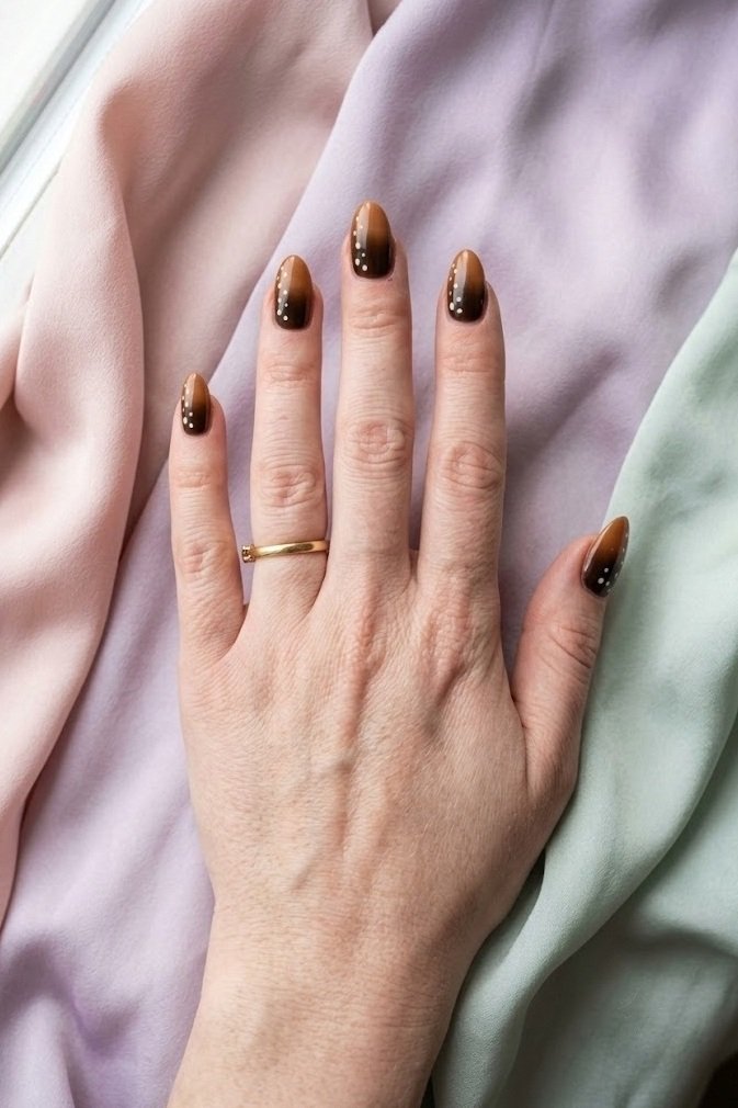 Espresso and caramel fawn print press-on nails in short almond shape on pastel silk