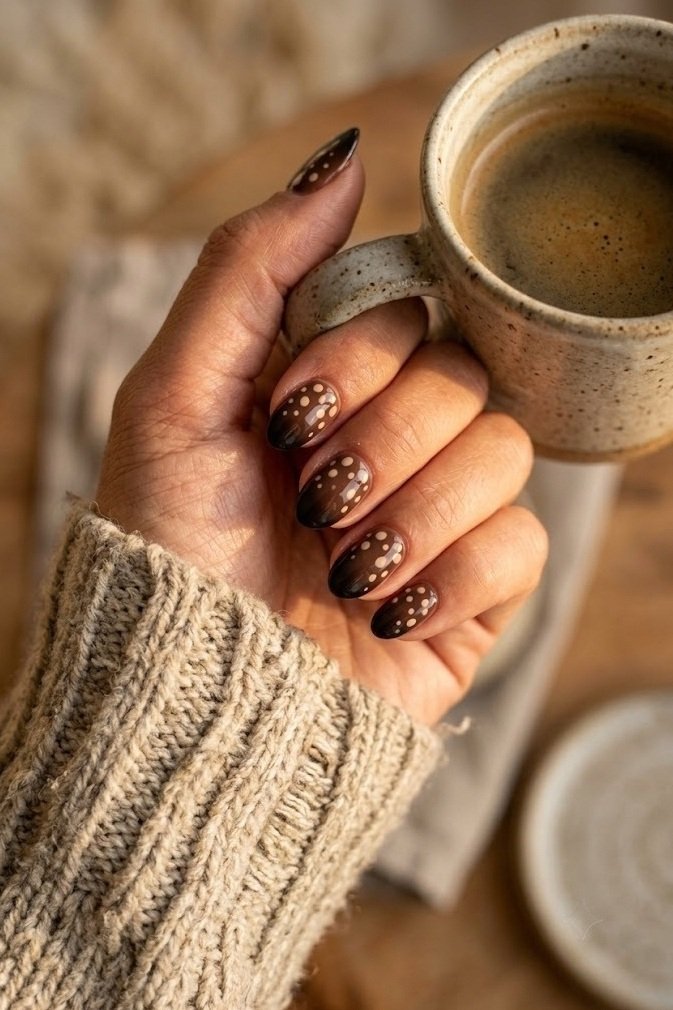 Moody espresso deer print nails with beige spots on short almond nails around a coffee cup