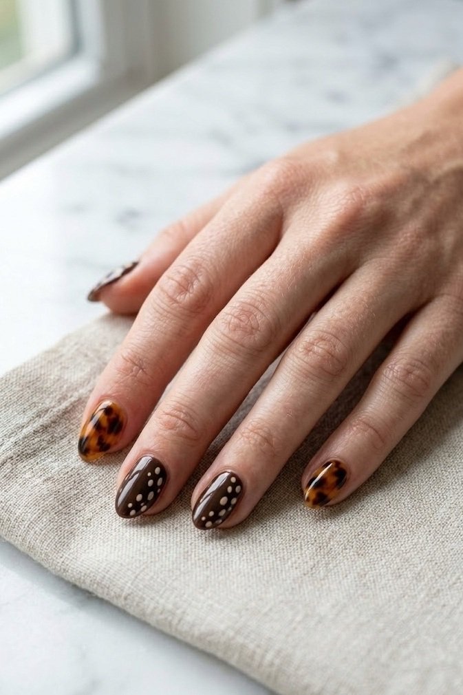 Mixed mani with espresso fawn print nails and amber tortoiseshell accent nails on short almond shape