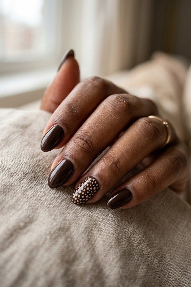Plain espresso nails with one micro spot fawn accent nail on the ring finger on beige linen