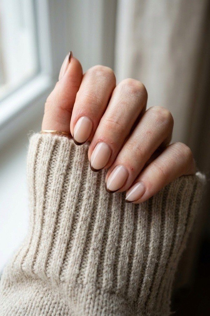 Espresso micro French tip over milky sheer base on short almond nails