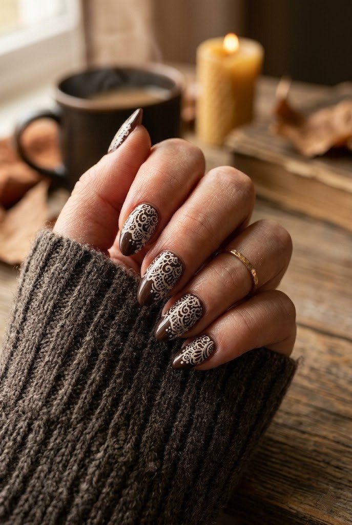 Espresso mocha brown nails with cream lace pattern, quiet luxury fall look