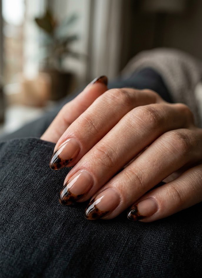 Dark espresso tortoiseshell French tips on short almond nails