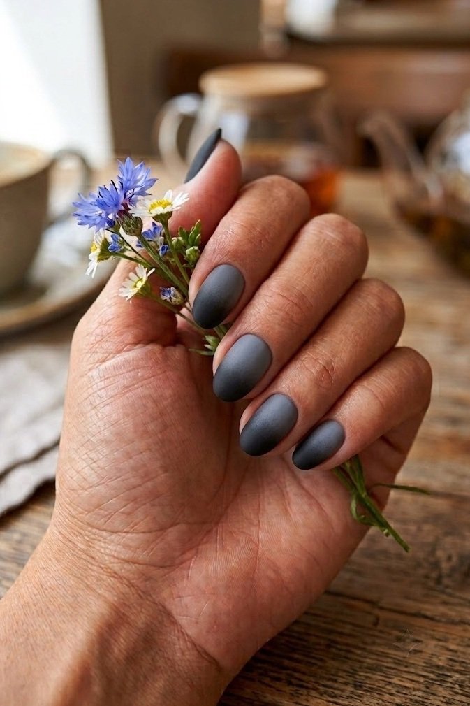 Short nails with a soft gray to black matte ombre from cuticle to tip