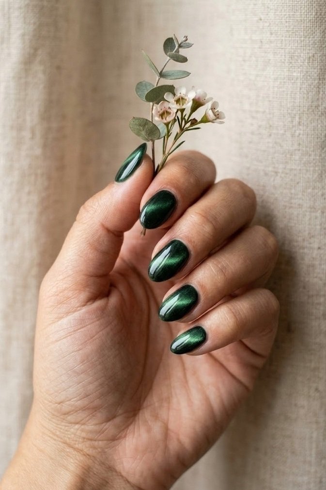 Hunter forest green velvet nails on short soft almond nails with a brighter green center lift
