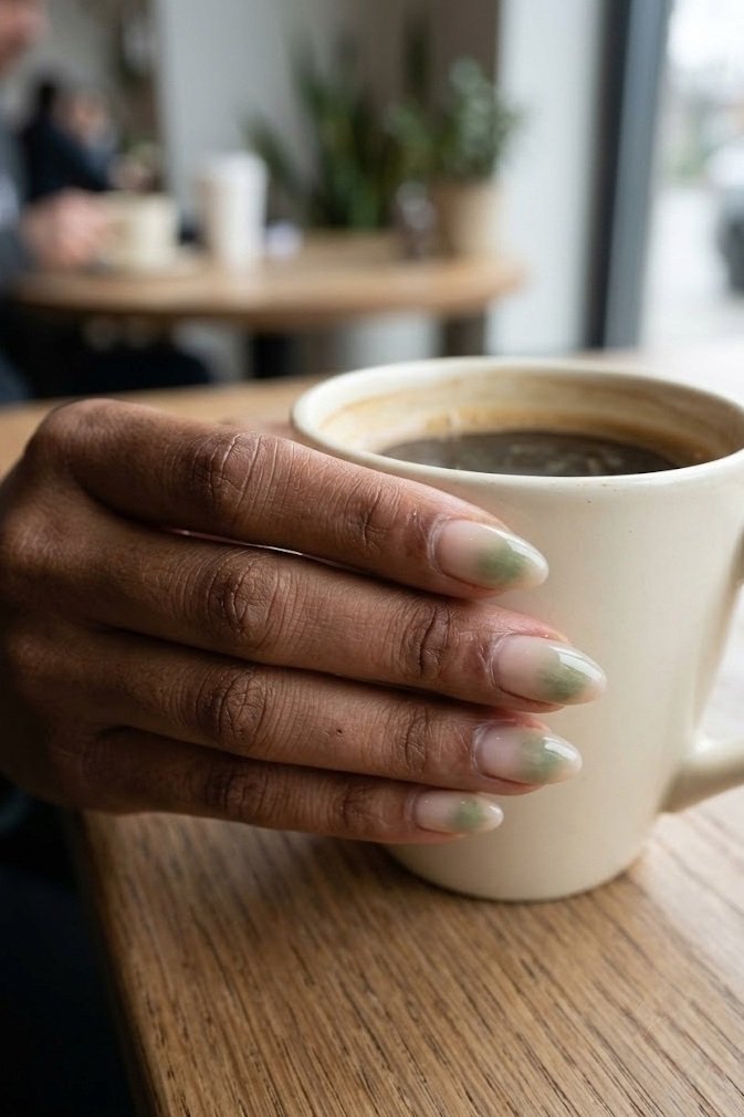 Milky nude short almond nails with a faint forest green haze washed over the top half.