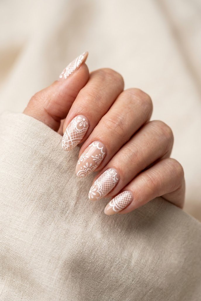Full set of hand-painted freehand doily nail art