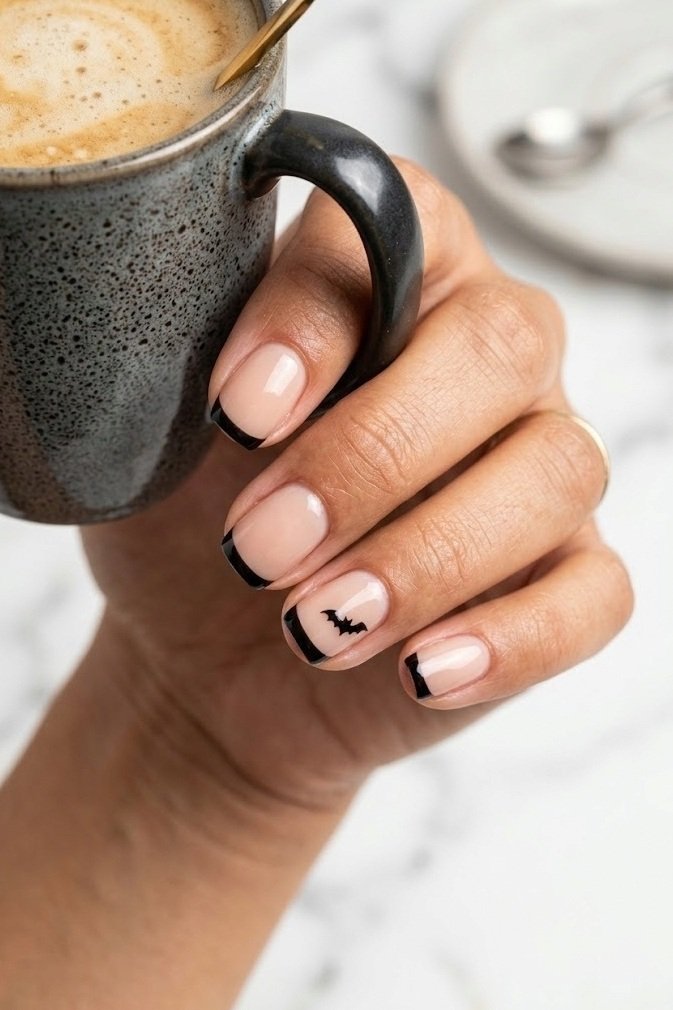 Short nude nails with thin black French tips and a tiny bat on one tip