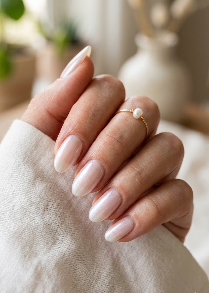 Frosted pearl jelly nails with iced dewy shimmer finish
