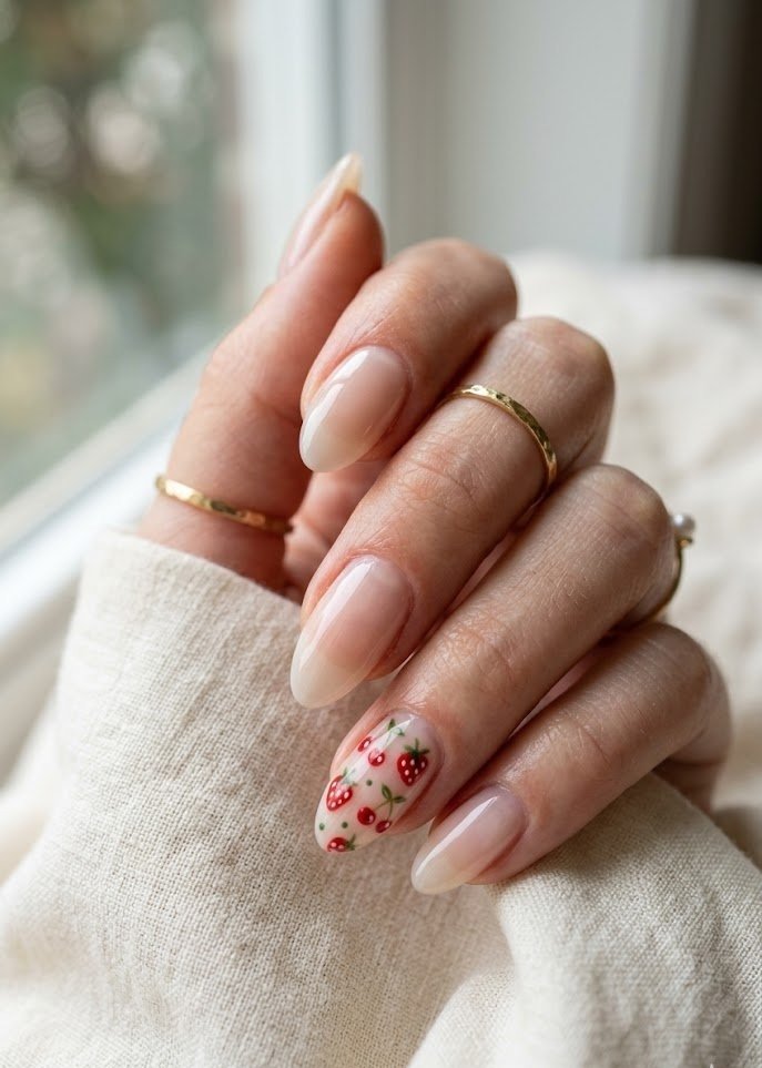 Fruit salad jelly nails with tiny painted strawberries and cherries