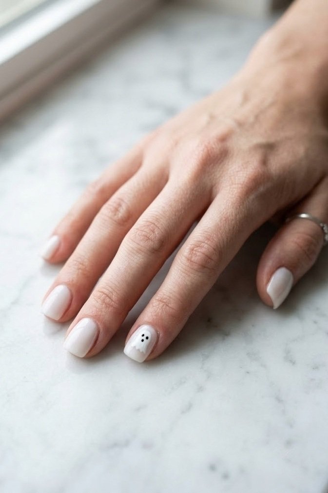 Short milky white nails with one tiny white ghost accent on the ring finger