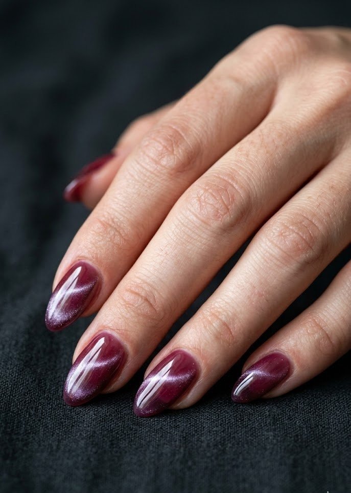 Glass cat-eye jelly nails with magnetic shimmer over berry base