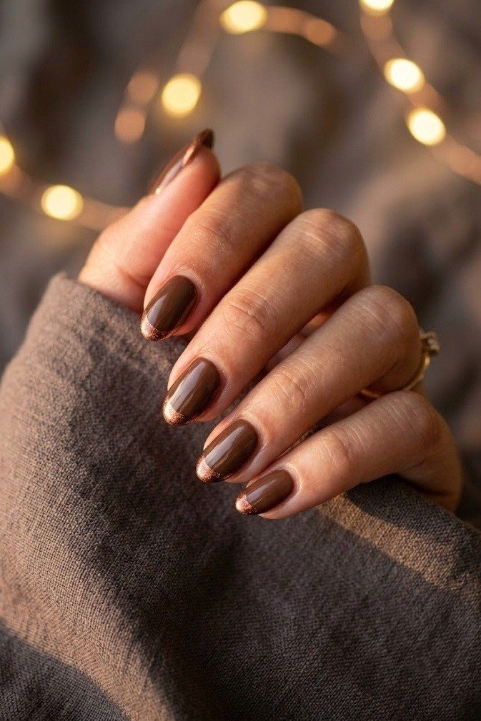 Glazed brown nails, sheer brown base with pearl chrome on short almond nails
