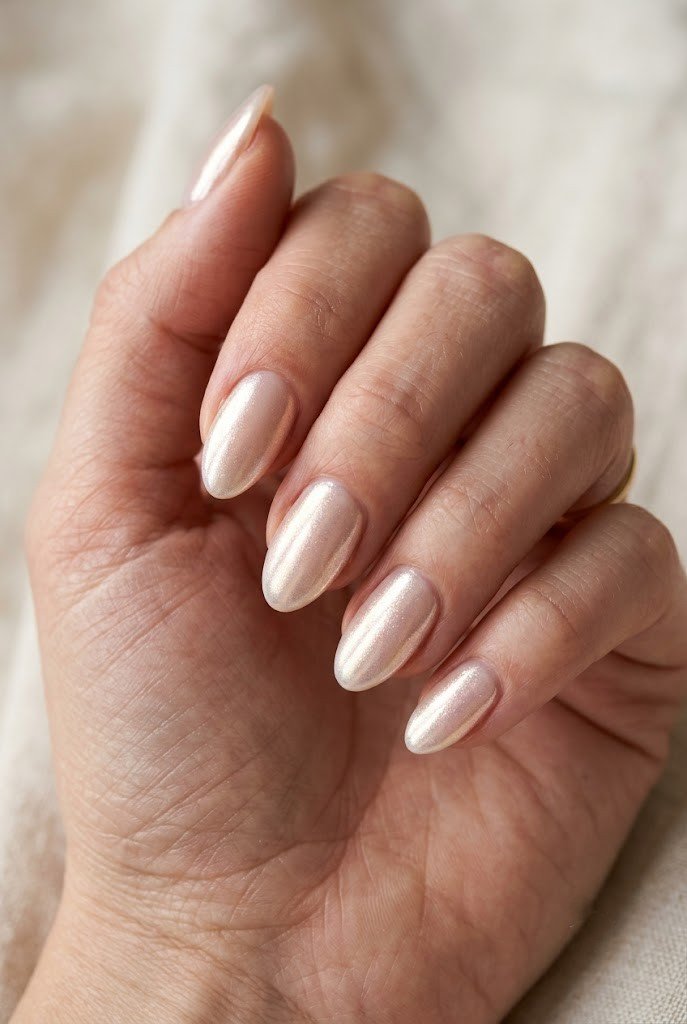 Glazed donut chrome nails over nude on short almond shape