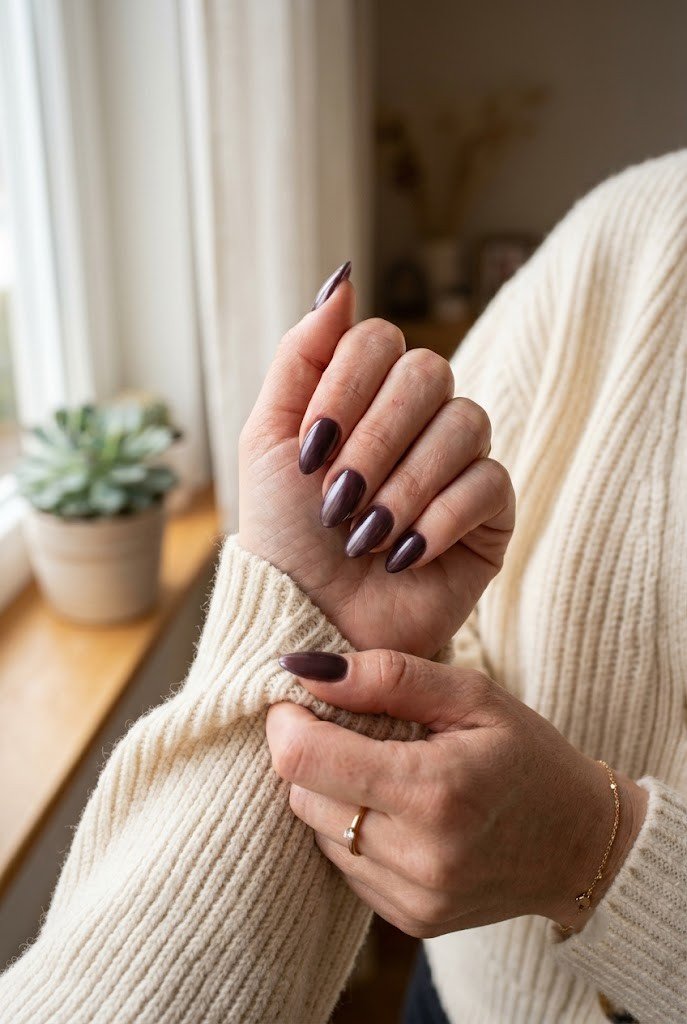 Glazed pearl chrome over dark plum almond nails