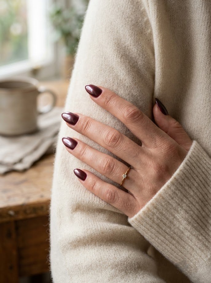 Glazed pearl chrome over dark plum on almond nails