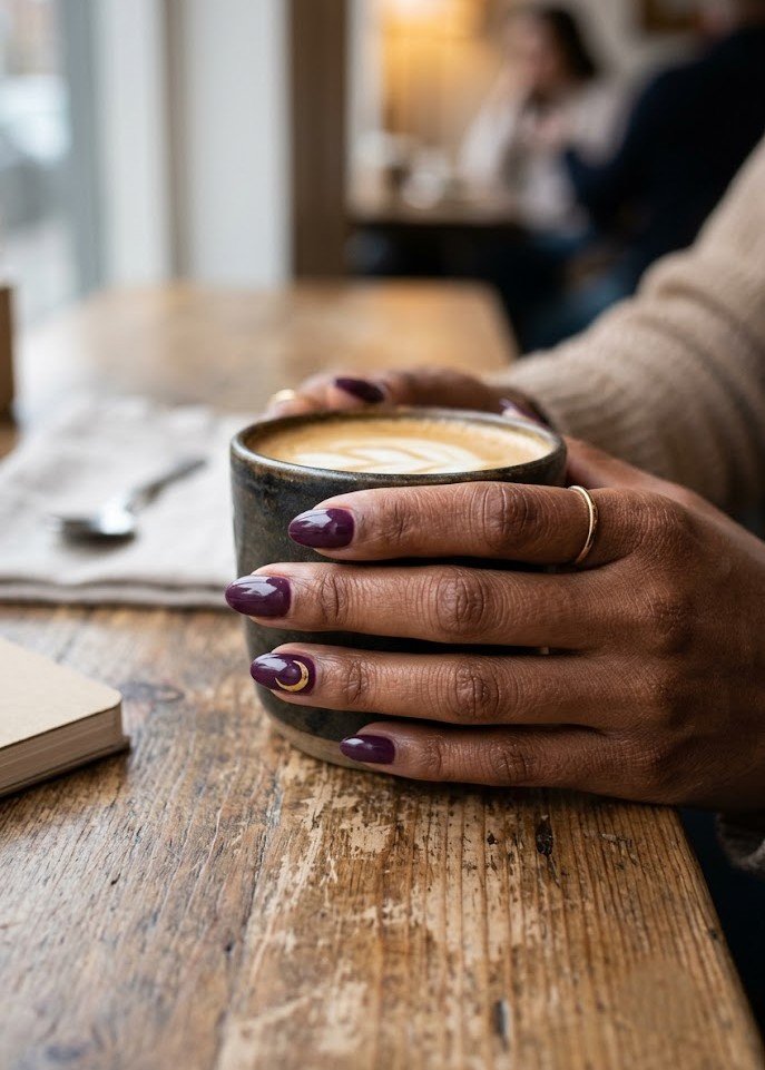 Short dark plum nails with a thin gold crescent moon on the ring finger