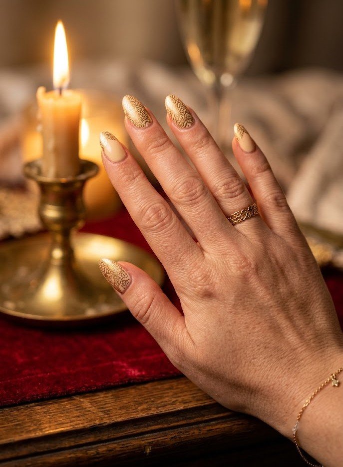 Gold doily pattern on cream nails for special occasions