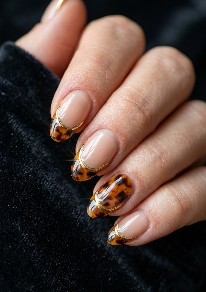Tortoiseshell French tips with raised gold foil outline