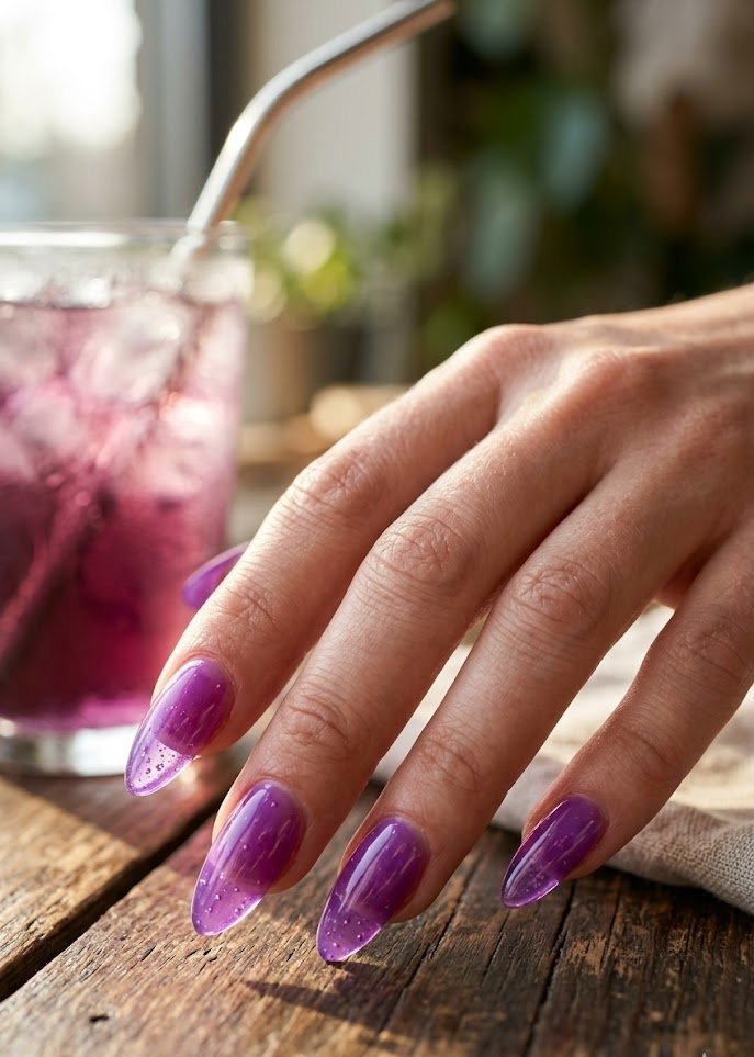 Translucent grape soda violet jelly nails on long almond shape