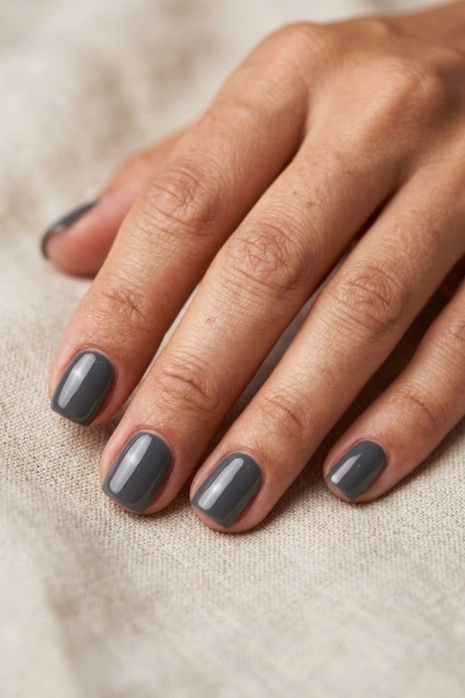 Short uniform glossy dark graphite gray nails with no art