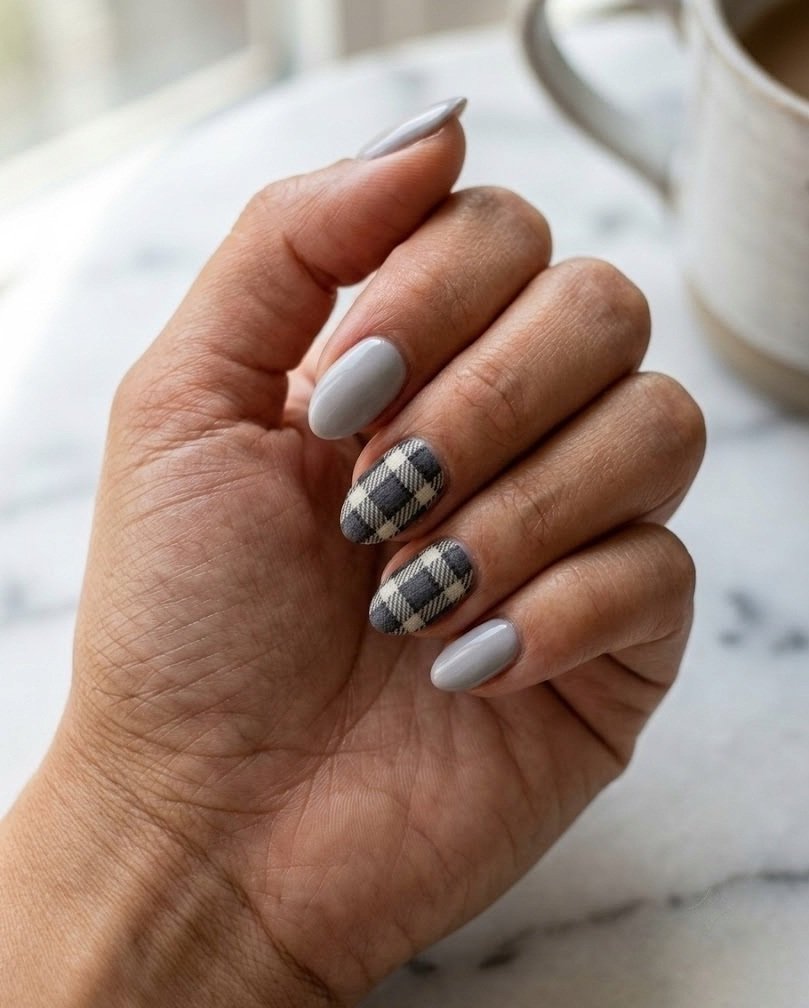 Short almond nails with charcoal and white flannel check on dove gray