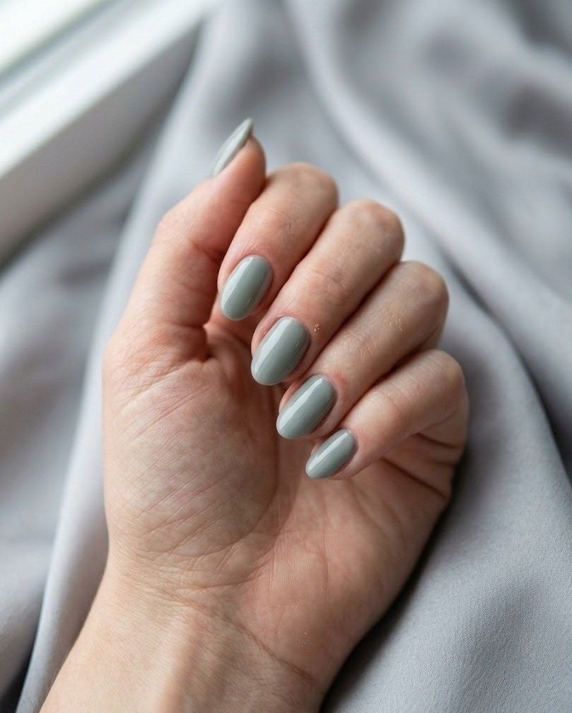 Short soft-almond nails in cool gray-sage green on a fair skin tone hand