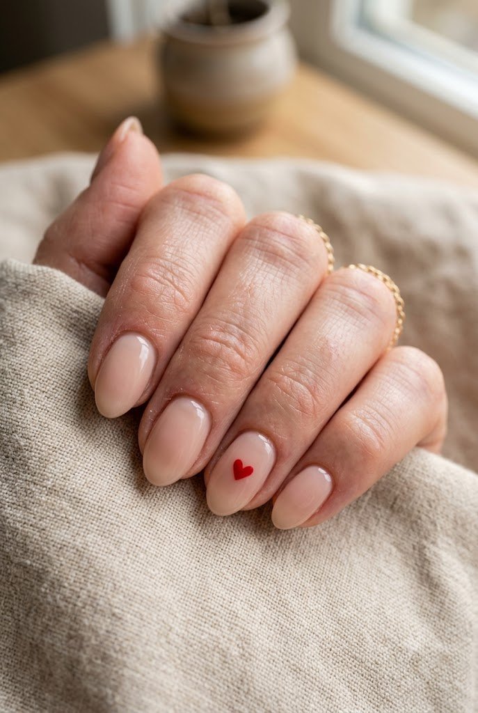 Tiny heart accent on short almond nude nails