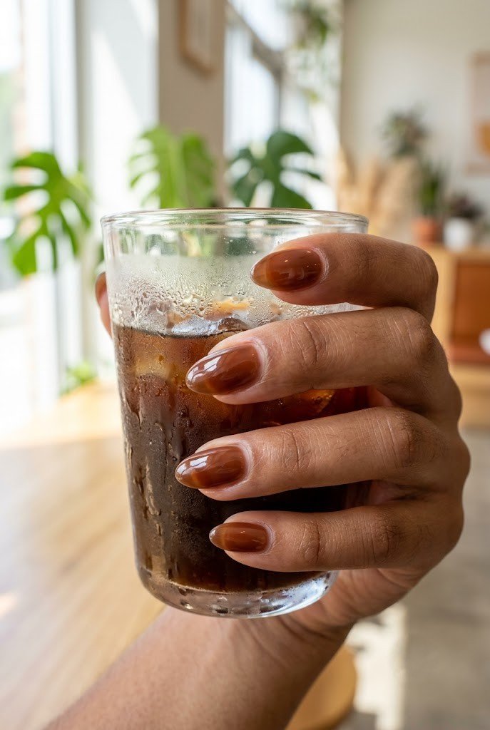 Short nails in glossy amber honey jelly gel with a lit-from-within glow