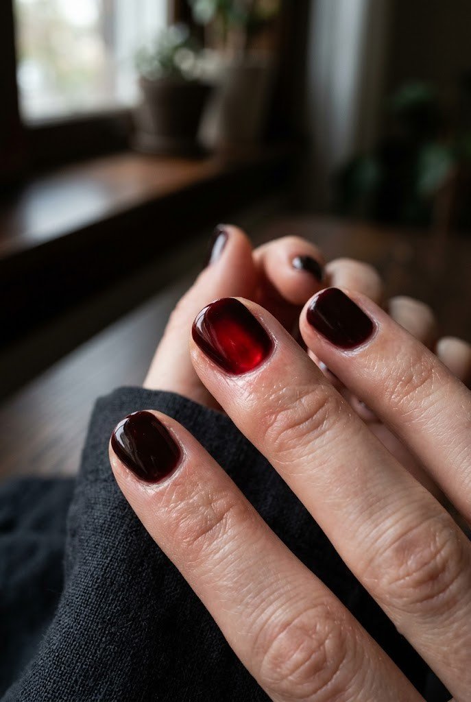 Short nails in deep black-cherry cola jelly gel glowing red in the light