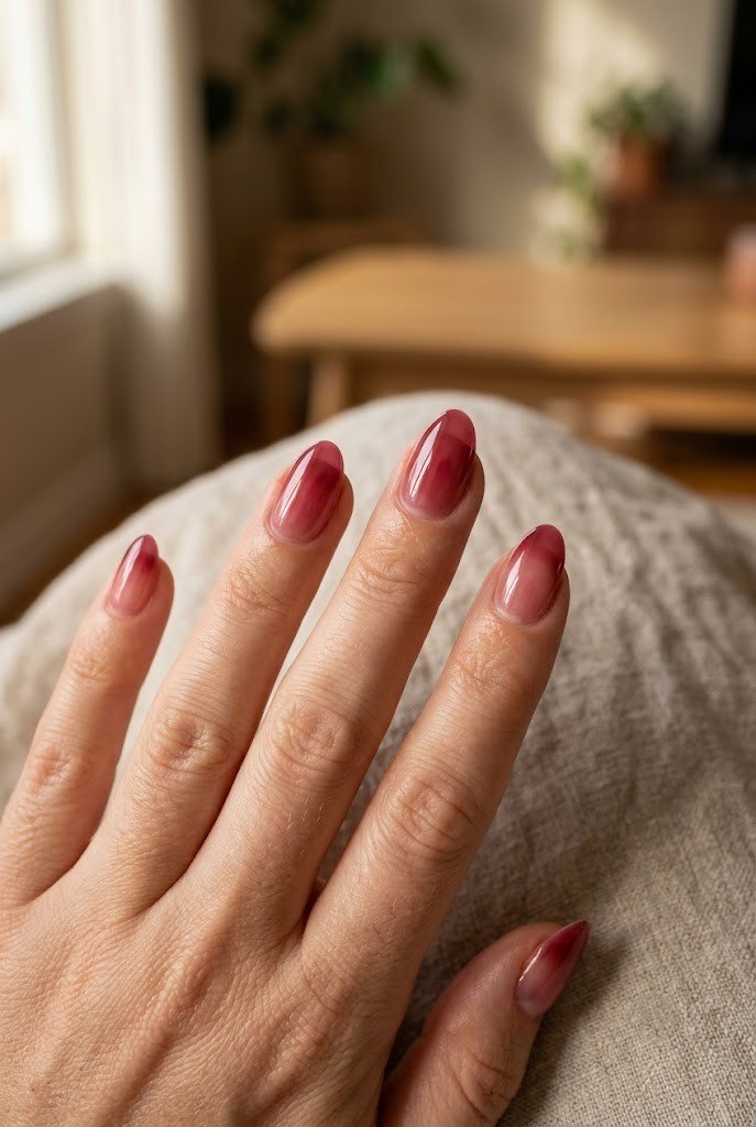 Short almond nails in sheer cranberry jelly gel with a soft tip gradient