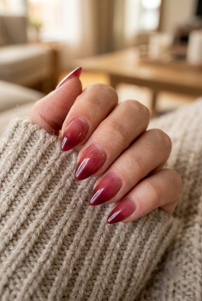Short almond nails in sheer espresso brown jelly gel on deeper skin