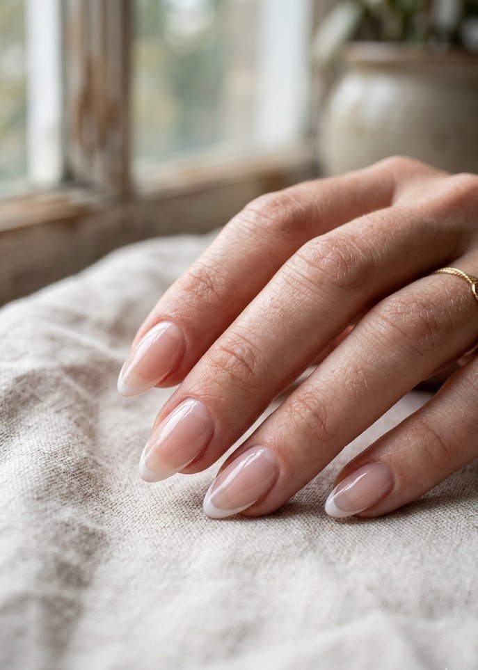Sheer jelly French tip nails with milky white tips on almond shape