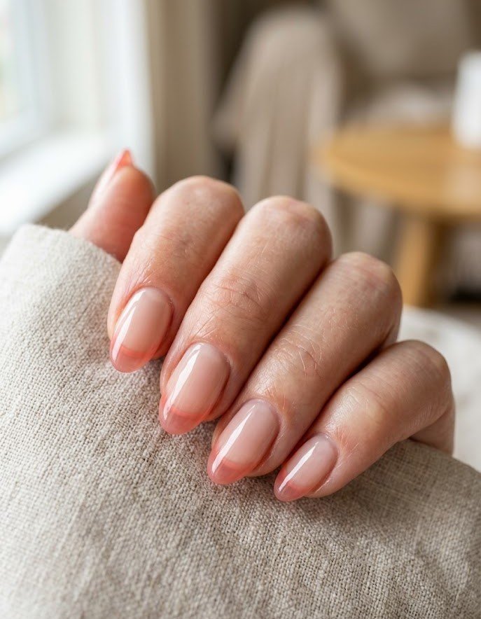 Short almond nails with a sheer colored jelly-glass French tip