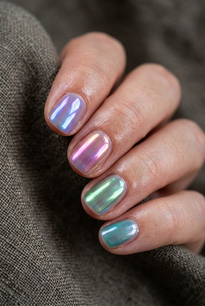 Short nails with a jelly base and sheer aurora chrome that shifts color